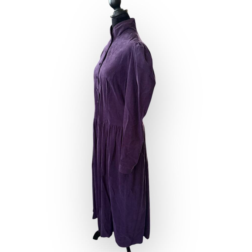 Laura Ashley Vintage 80s Deep Purple Corduroy Button Front Midi Dress Size 12 - Picture 3 of 16
